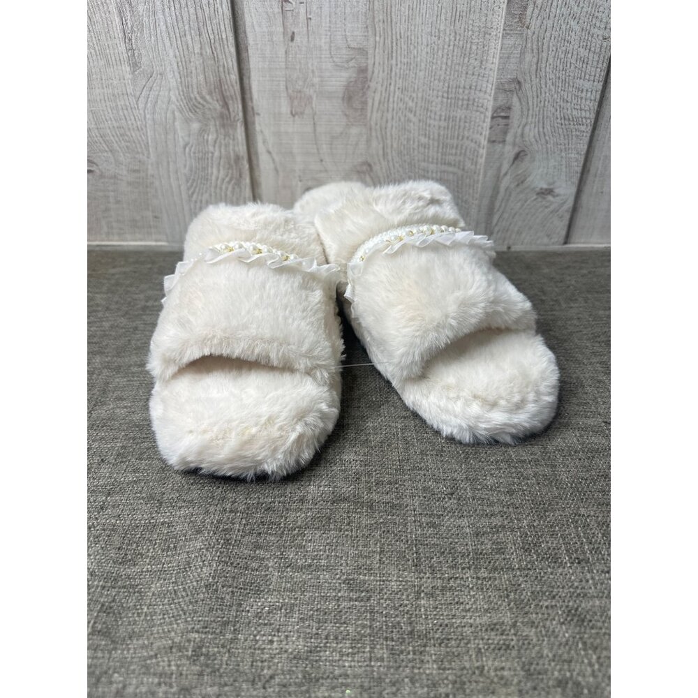 Womens Furry Slippers Open Toe Pearl & Ruffle Accent Non-Slip Sole Size M/L 8-10